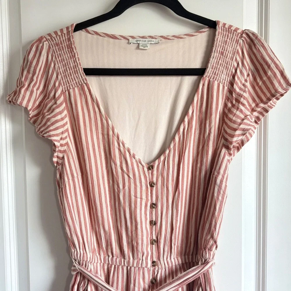 American Eagle Pink White Striped Maxi Dress Button Front Tie Waist Small - Picture 4 of 8